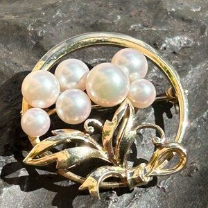 Vintage MIKIMOTO 14k yellow gold cluster AAA AKoya PEARLS PIN BROOCH